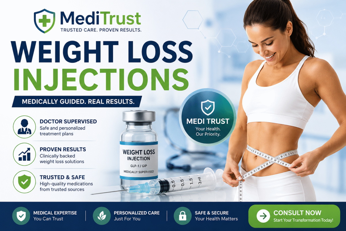 Weight loss injections concept showing medical syringe and body transformation illustration