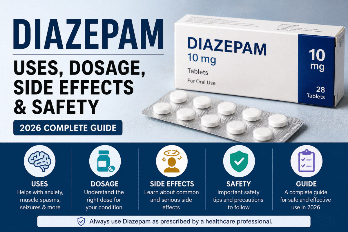 Diazepam guide banner showing uses, dosage, side effects and safety information with medication tablets and infographic icons