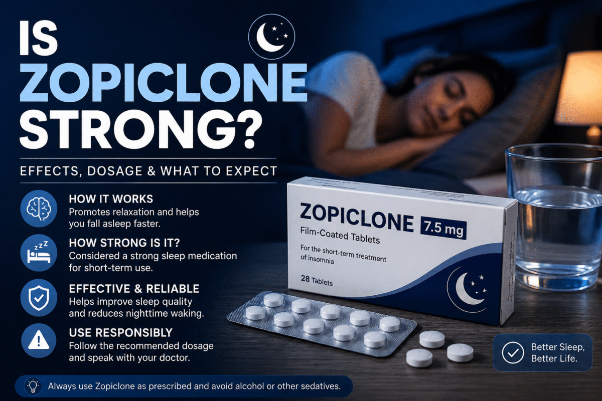 Zopiclone 7.5mg tablets with sleeping person showing strength, effects, and dosage for insomnia treatment
