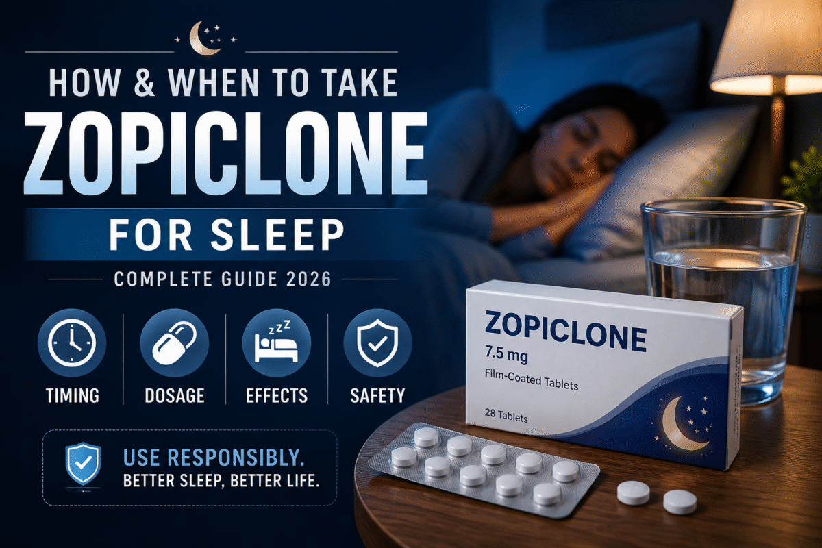 Zopiclone sleep medication guide showing tablets and nighttime sleep concept